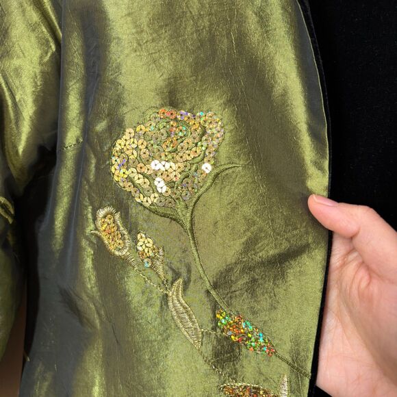 Iridescent Green Satin Velvet Jacket Embroidered Reversible Floral Women L MotB - Picture 5 of 11